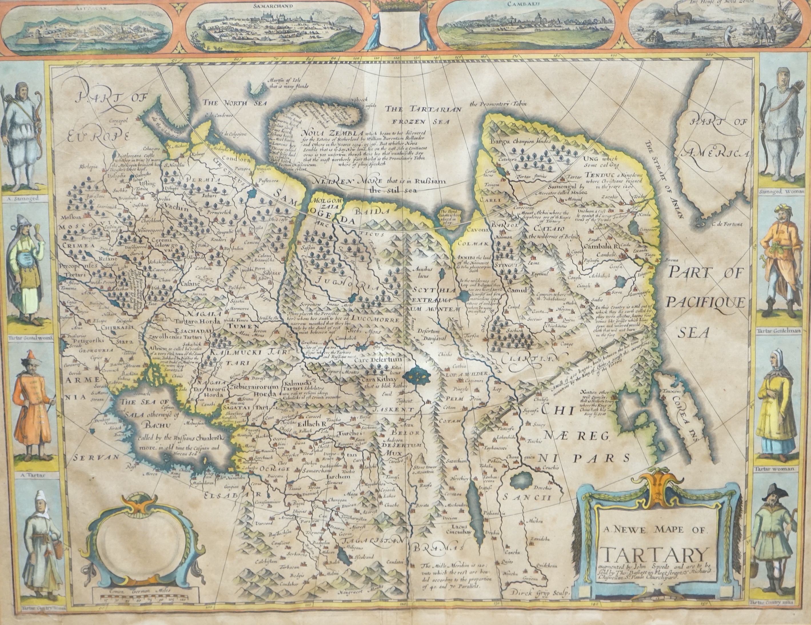 John Speed (1552-1629), hand coloured map, A Newe Mape of Tartary, sold by Thomas Bassett, Fleet Street and Richard Chiswell in the St Paul's Churchyard, 40 x 52cm